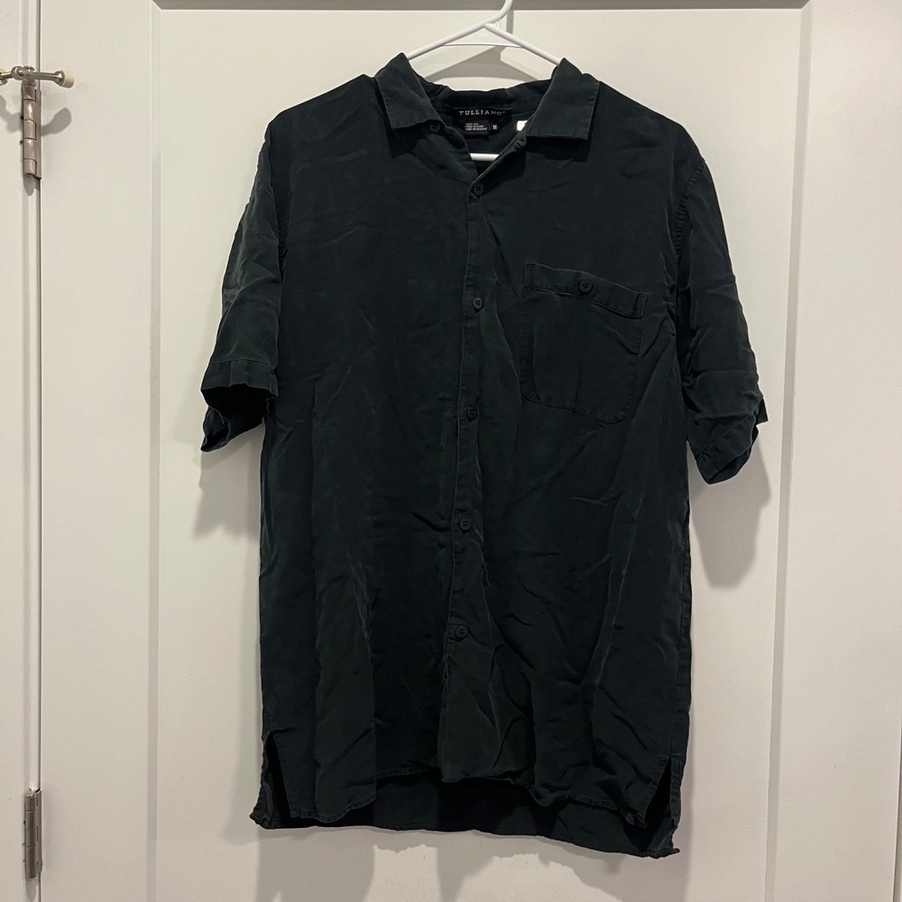 Tulliano Mens Black 100% Silk Short Sleeve Button Down Shirt Jacquard Medium